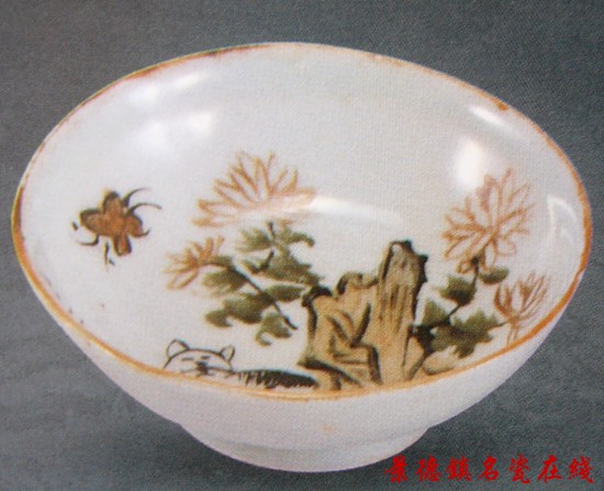 竹里瓷社 彩绘猫、蝶纹碟 民国时期